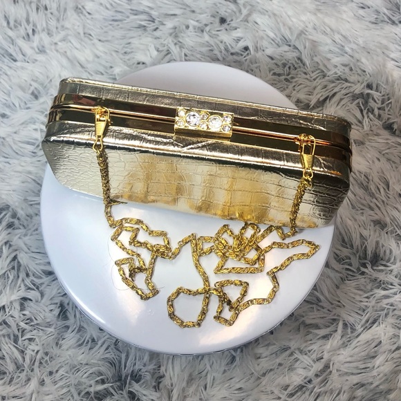 KATE LANDRY - Gold Alligator Print Evening Bag - Picture 7 of 16